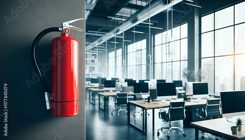 Fire extinguisher in empty modern office interior