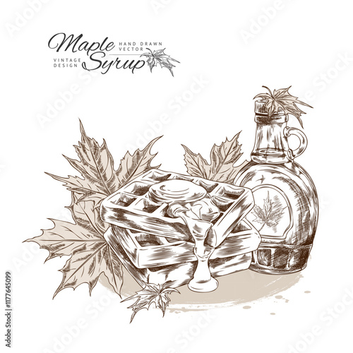 Bottle of maple syrup, waffles and maple leaves, engraved hand drawn vintage vector design, bakery with sweet topping