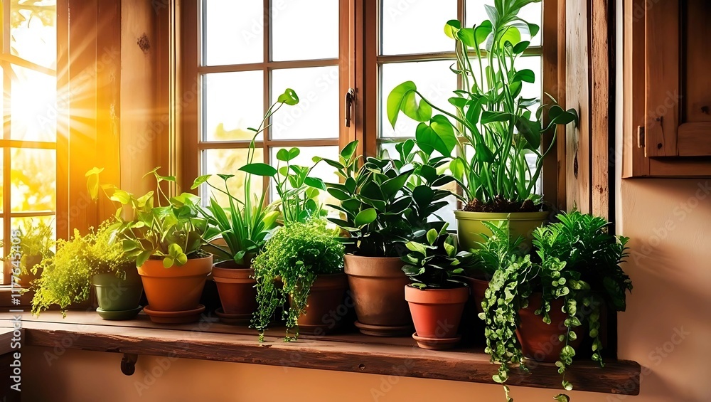 Indoor Potted Plants on Wooden Windowsill, Bright Sunlit Room, Home Gardening and Green Decor, Natural Interior Design with Houseplants, Fresh Greenery and Sunlight for Cozy Living Spaces Indoor Potted Plants on Wooden Windowsill, Bright Sunlit Room, Home Gardening and Green Decor, Natural Interior Design with Houseplants, Fresh Greenery and Sunlight for Cozy Living Spaces