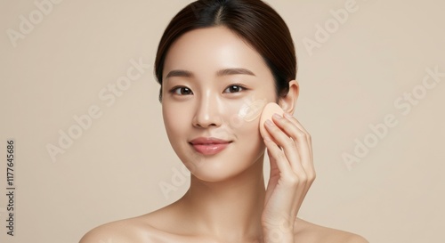 艶肌の女性がメイクスポンジでファンデーションを塗るポートレート