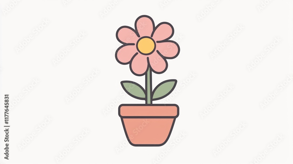 Pink flower potted plant, simple design, white background, gardening icon Pink flower potted plant, simple design, white background, gardening icon