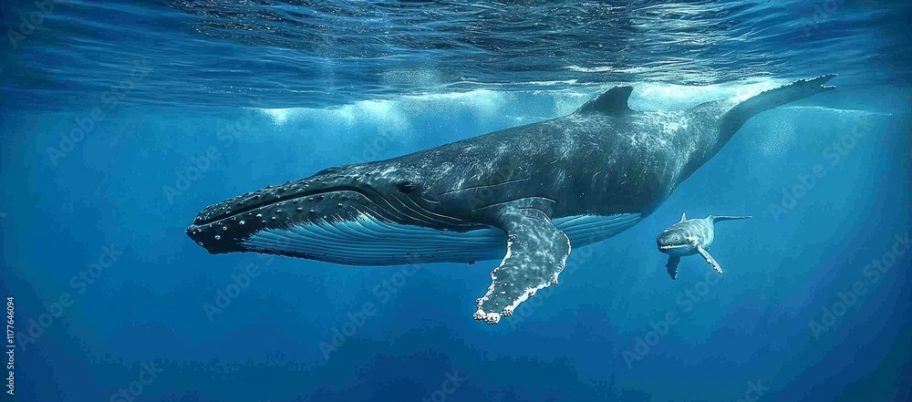 Fototapeta premium Humpback whale and calf swim underwater in ocean.