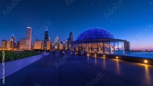 Chicago Skyline Night Adler Planetarium - Stunning nighttime view of Chicago skyline with Adler Planetarium's illuminated dome, symbolizing exploration, knowledge, astronomy, city life, and architectu photo