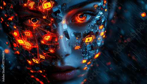 Abstract face with fragmented social media icons, glowing eyes, and digital elements
