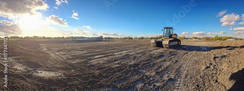 Construction machinery prepares land for development in an open field under a bright sky during sunset