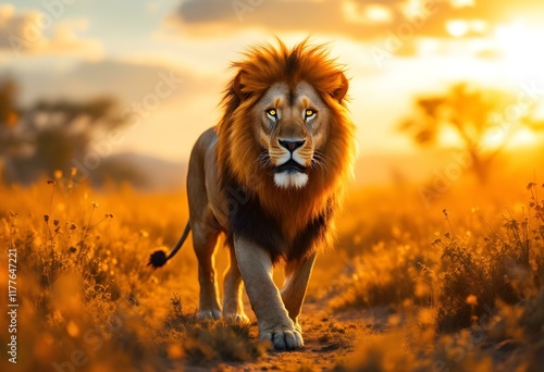 Majestic Lion at Golden Sunset: A Serene Wildlife Portrait photo