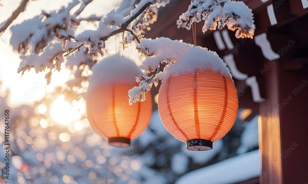 Obraz premium Winter Lanterns, snow-laden lanterns dangle from branches, creating a serene atmosphere amidst a tranquil, frosty landscape.