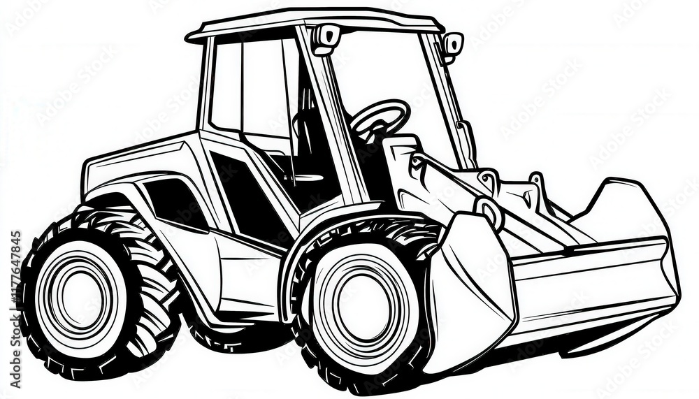 Naklejka premium Bold black and white vector image of a backhoe loader. Ideal for construction company logos or industrial designs.