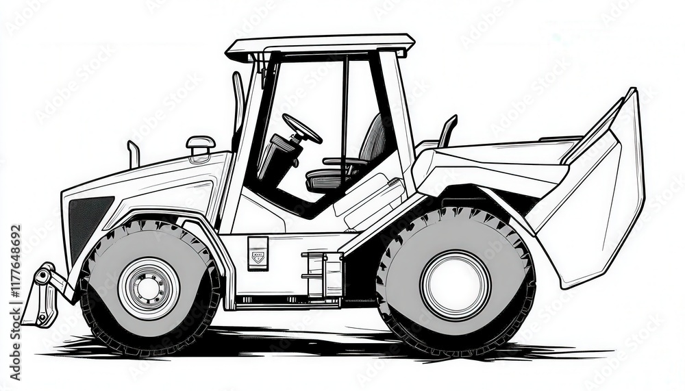 Naklejka premium A stylized line art image of a tractor or front loader. Great for coloring pages, activity books, or construction-themed designs.