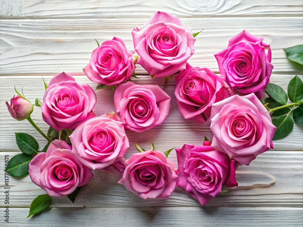 Pink Roses Flat Lay: Elegant Floral Composition on White Wood Background Pink Roses Flat Lay: Elegant Floral Composition on White Wood Background