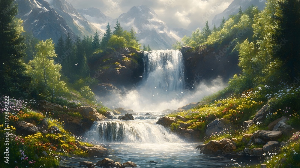 Fototapeta premium Majestic Waterfall in Lush Mountain Landscape with Flowing Stream and Vibrant Wildflowers