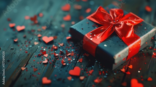 Romantic Gift Box Tied with a Red Ribbon Surrounded by Heart Decorations on a Wooden Surface, Representing Love and Celebration
