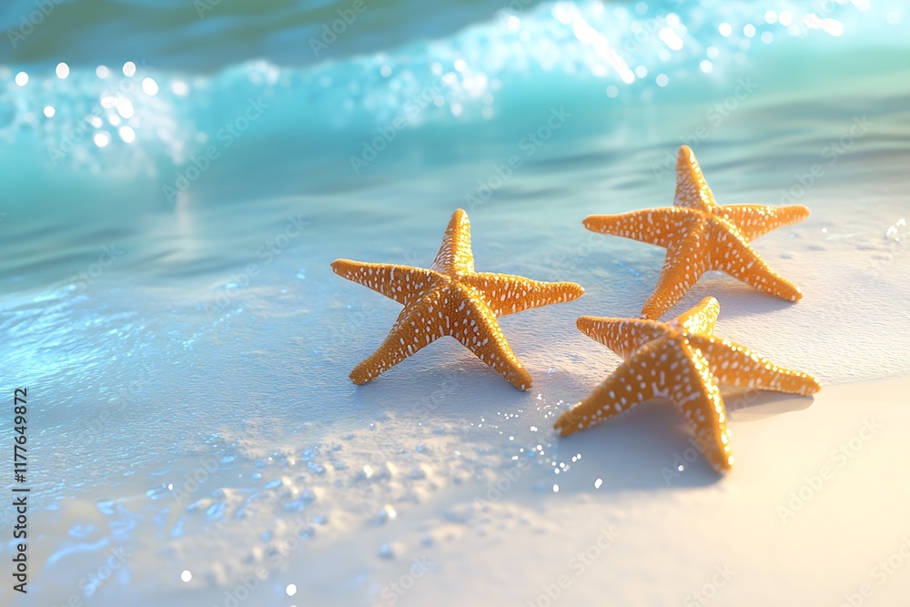 3D rendering of three starfish on the beach with clear blue water, summer background 3D rendering of three starfish on the beach with clear blue water, summer background