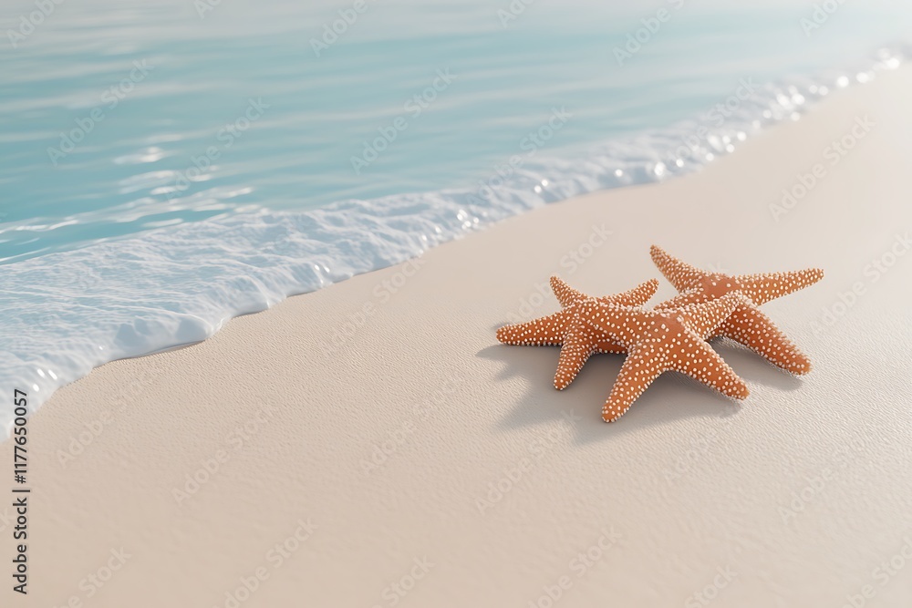 3D rendering of three starfish on the beach with clear blue water, summer background 3D rendering of three starfish on the beach with clear blue water, summer background