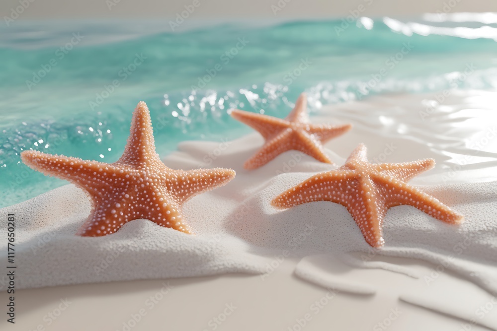3D rendering of three starfish on the beach with clear blue water, summer background 3D rendering of three starfish on the beach with clear blue water, summer background