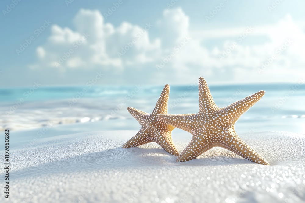 3D rendering of three starfish on the beach with clear blue water, summer background 3D rendering of three starfish on the beach with clear blue water, summer background