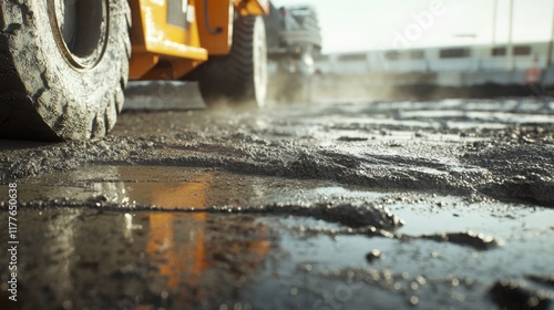 Construction machinery tires disturb wet soil at a work site during late afternoon hours, creating dust and muddy surfaces photo