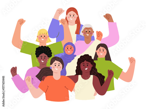 Accelerate action IWD 2025 concept. Diverse happy women with hands raised up with closed fists. International Women's day clip art. Modern flat vector illustration isolated on transparent background