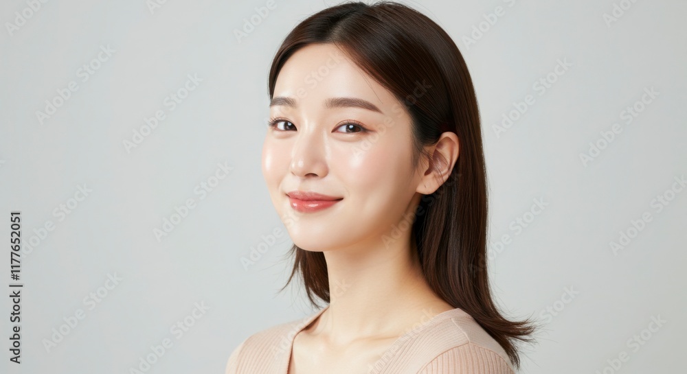 笑顔の美しい若い女性のポートレート, 白背景, スキンケア, ナチュラルメイク, 美容イメージ 笑顔の美しい若い女性のポートレート, 白背景, スキンケア, ナチュラルメイク, 美容イメージ