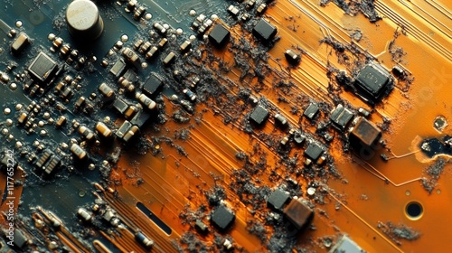 Close up of a damaged motherboard exhibiting burn marks, corrosion, and dust accumulation, suggesting a severe malfunction or electrical short circuit photo