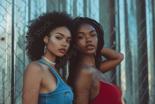 Two friends posing confidently against a city backdrop in urban fashion during golden hour
