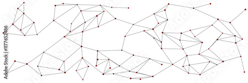 Network visualization of red nodes connected by black lines, minimalist composition of isolated geometric patterns, sprawling interconnected structure. Data flow, connectivity.
