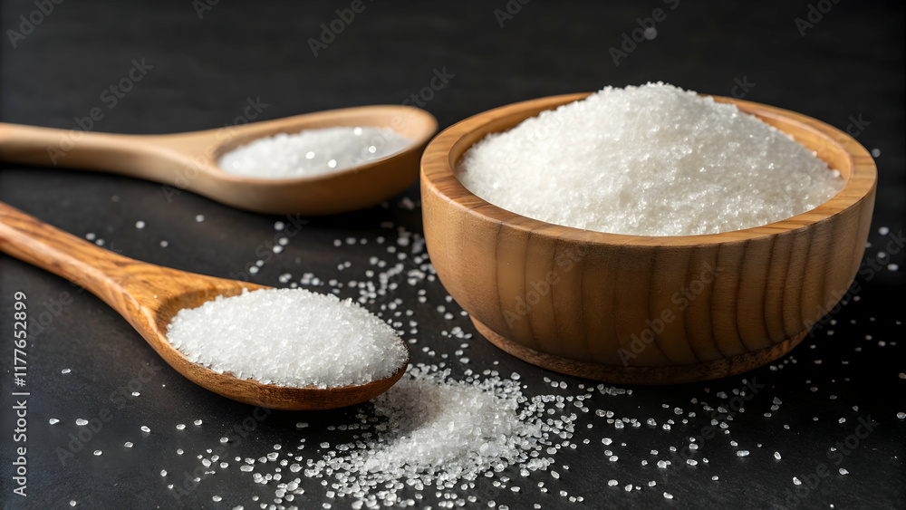 Granulated White Sugar in Wooden Bowl and Spoons on Dark Surface Granulated White Sugar in Wooden Bowl and Spoons on Dark Surface