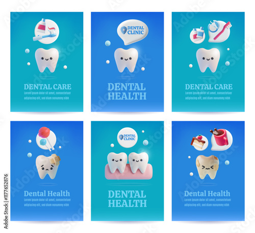 Dental care and health posters vector design set, 3D white healthy tooth and oral care hygiene products, stomatology