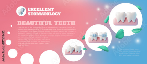 Excellent stomatology, beautiful teeth 3D banner vector design, realistic white healthy teeth with braces, gum and herbs