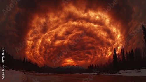 Fiery Sunset Sky Over Snowy Mountains And Trees photo