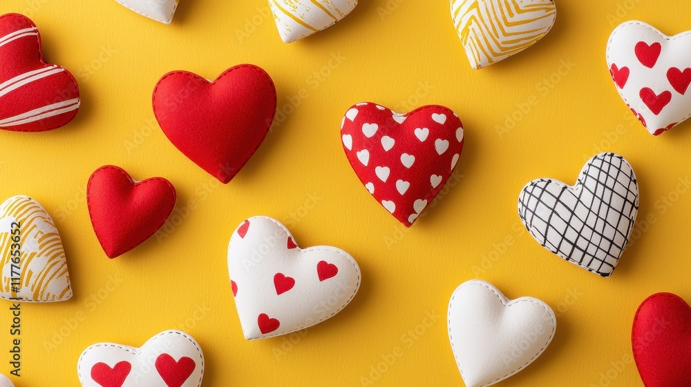Fototapeta premium Valentine's card featuring floating heart doodles, playful composition, vibrant colors, and a cheerful mood.
