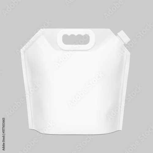Pouch bag with plastic handle and spout mockup. Vector illustration isolated on grey background. Front view. Perfect to make final pack shot your product. EPS10.