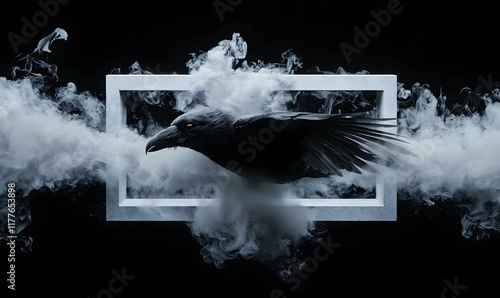 Viking Raven in Smoke, a powerful raven soars through thick smoke, embodying the fierce spirit of Norse mythology amidst a dramatic backdrop. photo