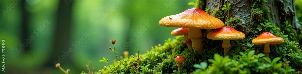 Fototapeta premium Mossy tree trunks with mycena galericulata growing from the side, wild mushrooms, growth, fungi species