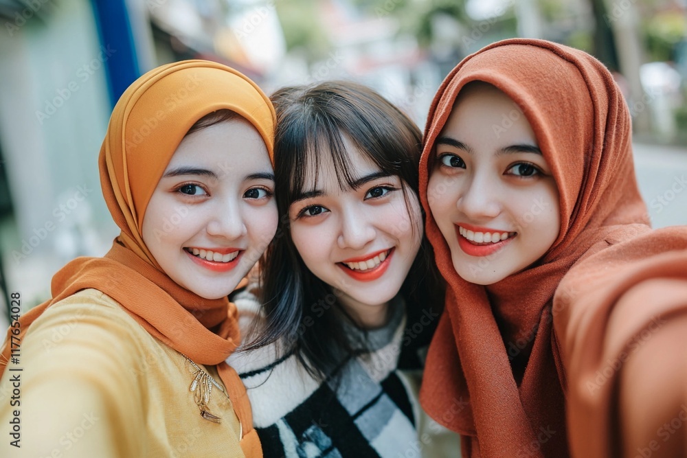 Three friends enjoying a sunny day together while taking a cheerful selfie in a vibrant urban area Three friends enjoying a sunny day together while taking a cheerful selfie in a vibrant urban area