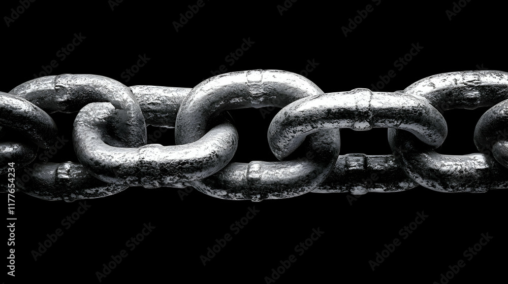 Close-up of a heavy, textured metal chain against a stark black background; strong visual metaphor for strength, connection, or security. Close-up of a heavy, textured metal chain against a stark black background; strong visual metaphor for strength, connection, or security.