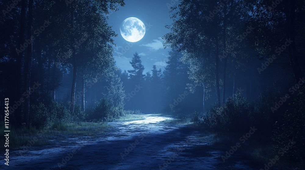Naklejka premium Forest path at night illuminated by bright moon over trees, fantasy scenery