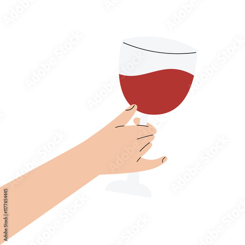 Hand holding a wine glass, hand drawn in flat design, isolated on white vector illustration
