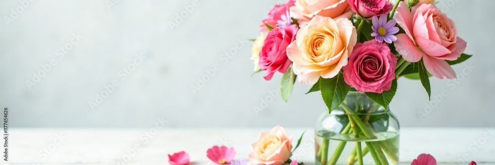 Fototapeta premium Loose flowers in a glass container on a white table, arrangement, nature