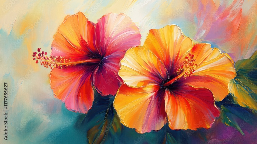 Vibrant hibiscus flowers bloom in a colorful and artistic representation of nature's beauty in a garden setting during daylight Vibrant hibiscus flowers bloom in a colorful and artistic representation of nature's beauty in a garden setting during daylight