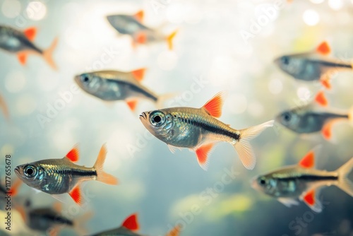 A school of small, silvery fish with vibrant orange fins swims in a softly lit aquarium. photo