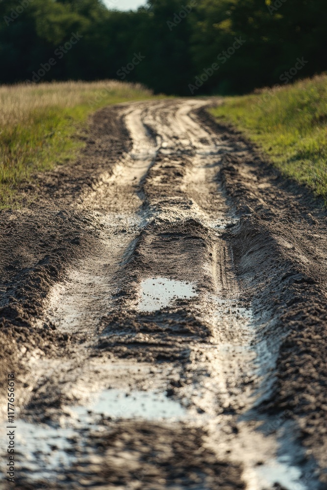 Muddy path winding through a vibrant green landscape under warm sunlight during a serene afternoon Muddy path winding through a vibrant green landscape under warm sunlight during a serene afternoon