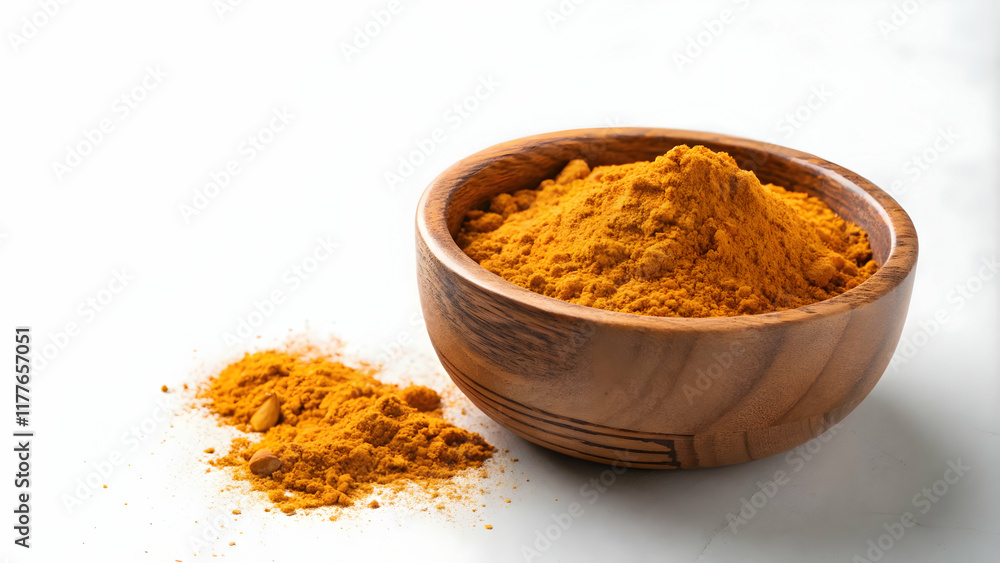 Turmeric Powder in Wooden Bowl on White Surface