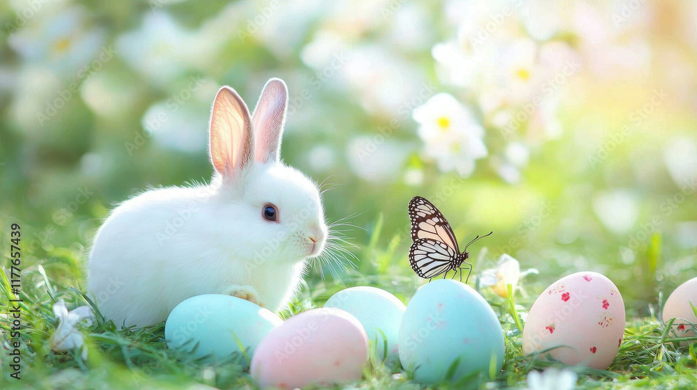 Fototapeta premium Cute white rabbit sits beside colorful Easter eggs and butterfly, creating joyful spring scene