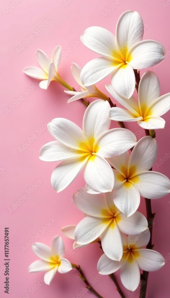 Naklejka premium Delicate white flowers with yellow centers on a soft pink floral background, petals, soft pink, blooms