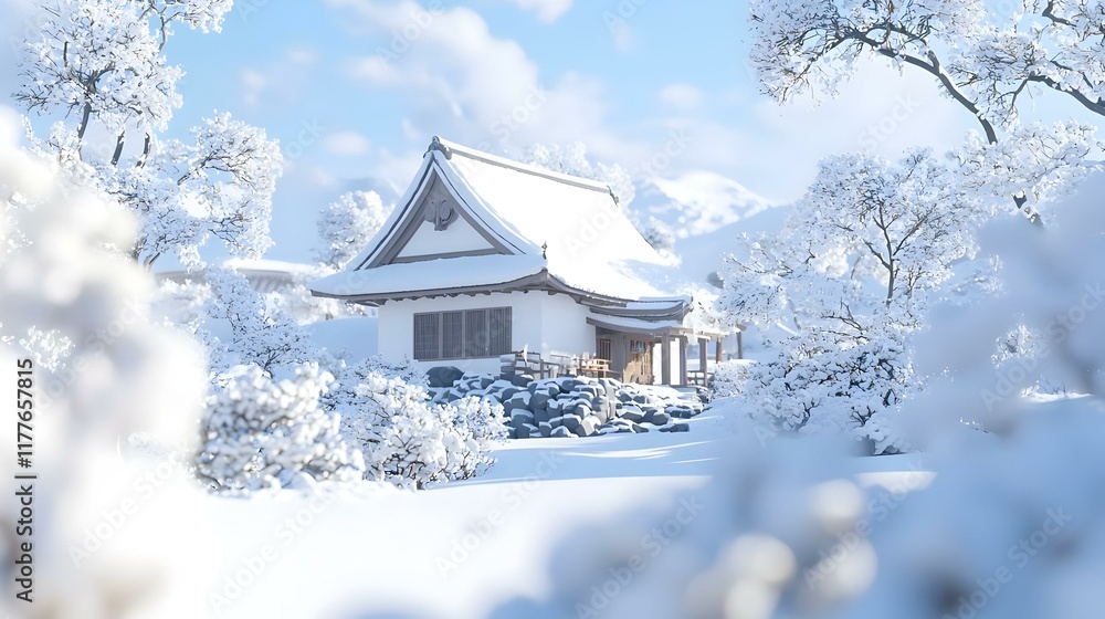 Traditional Japanese house blanketed in snow, serene winter landscape, delicate architecture, quiet ambiance, harmony with nature. Traditional Japanese house blanketed in snow, serene winter landscape, delicate architecture, quiet ambiance, harmony with nature.