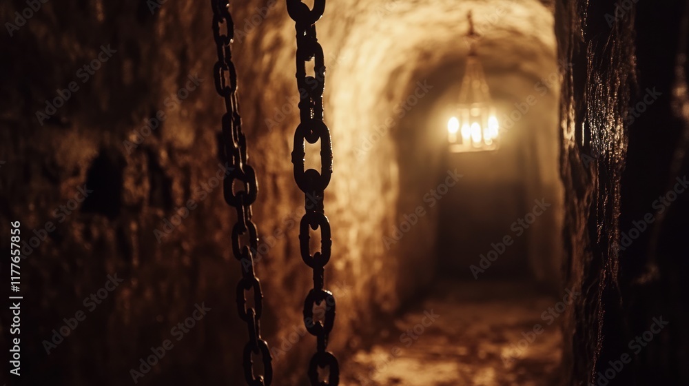 Mysterious Underground Passage with Chains and Lantern, Evoking an Atmosphere of Suspense and Adventure in a Dark Historic Setting Mysterious Underground Passage with Chains and Lantern, Evoking an Atmosphere of Suspense and Adventure in a Dark Historic Setting