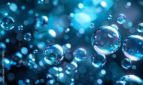 Softly glowing bubbles in blues and greens cascade over a dark blue backdrop