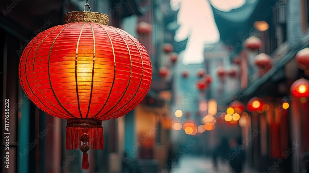 Obraz premium ' Red hanging lantern in old street at night with other lanterns blurry background.
