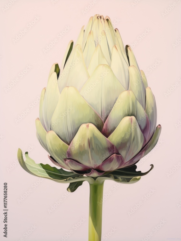 Fototapeta premium Artichoke stands tall against a soft pink background showcasing its unique shape and intricate details of its leaves while highlighting its natural beauty in a minimalist style